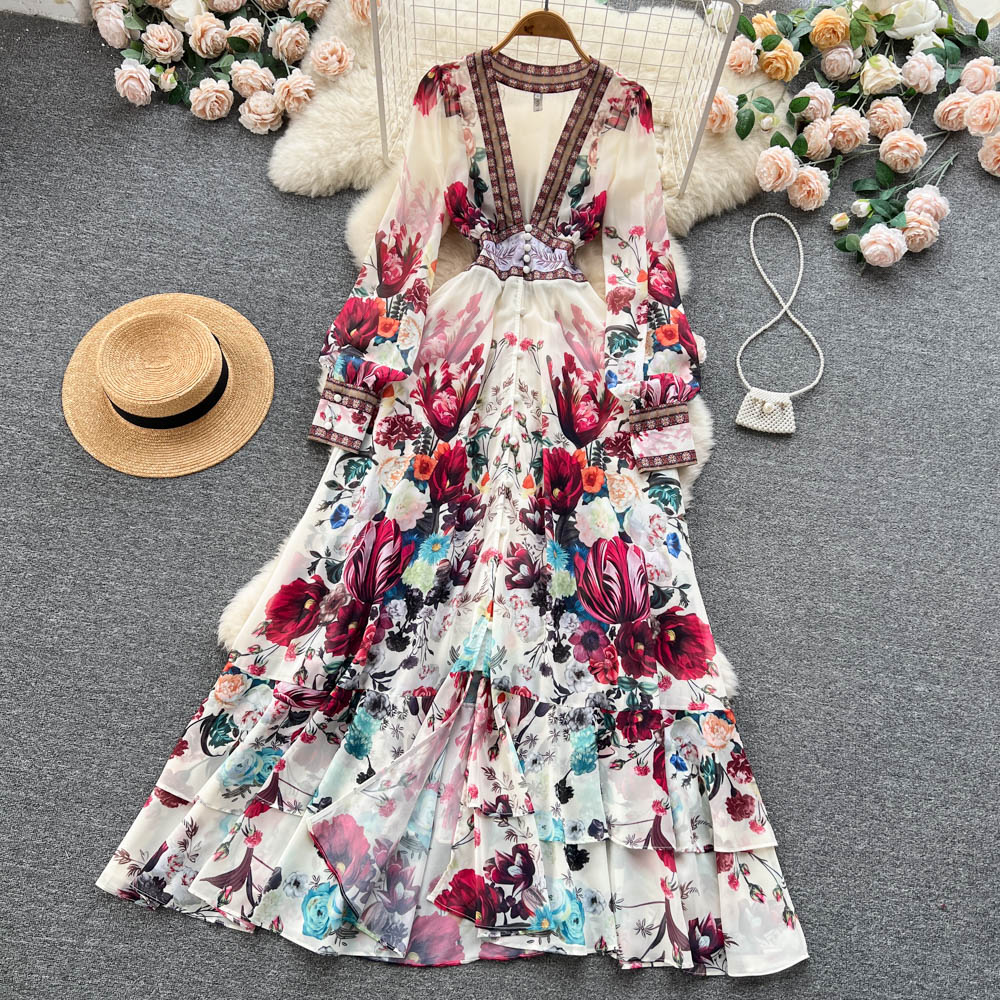 Chic A line Long Sleeves Pink Floral Holiday Dresses Women's Dress