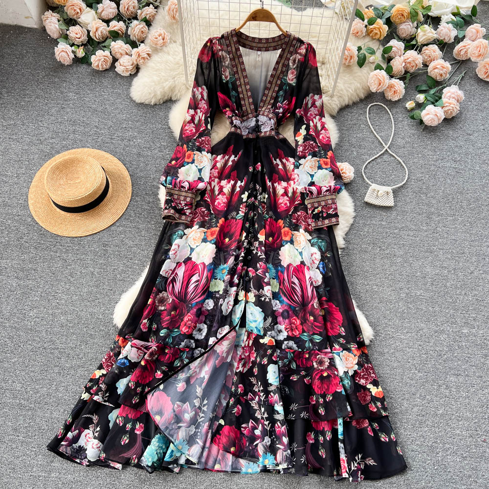 Chic A line Long Sleeves Black Floral Holiday Dresses Women's Dress