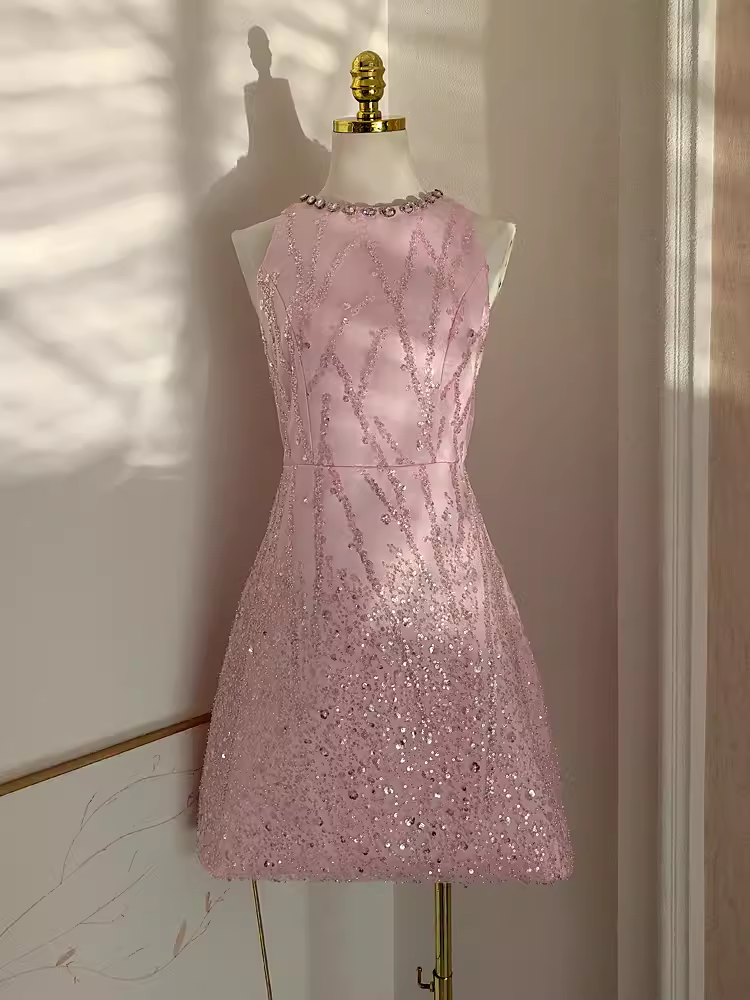 Sexy A line Scoop Pink Sequin Travel Vacation Dress Short Birthday Dress