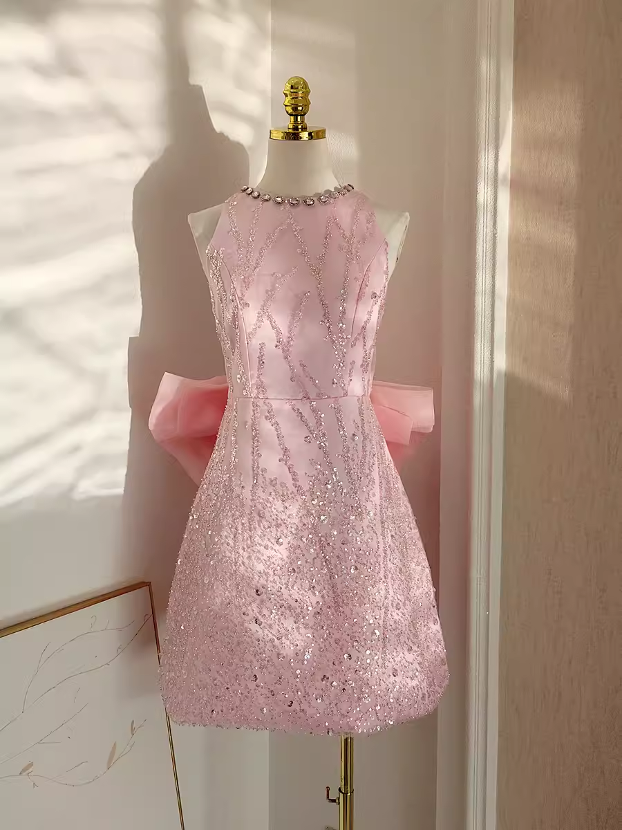 Sexy A line Scoop Pink Sequin Travel Vacation Dress Short Birthday Dress