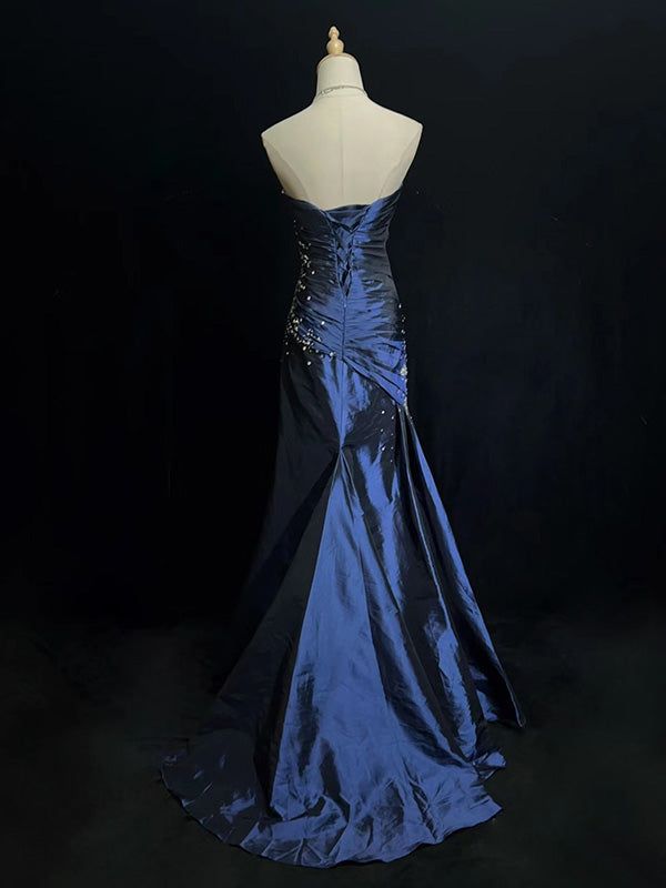 Sexy Sweetheart Sleeveless Mermaid Satin Long Navy Blue Prom Dresses
