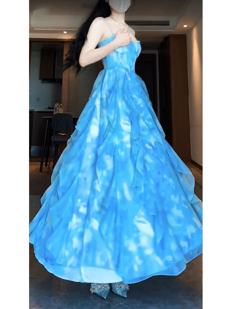 Sexy A line Spaghetti Straps Blue Holiday Dress Chiffon Birthday Dresses Birthday Outfits