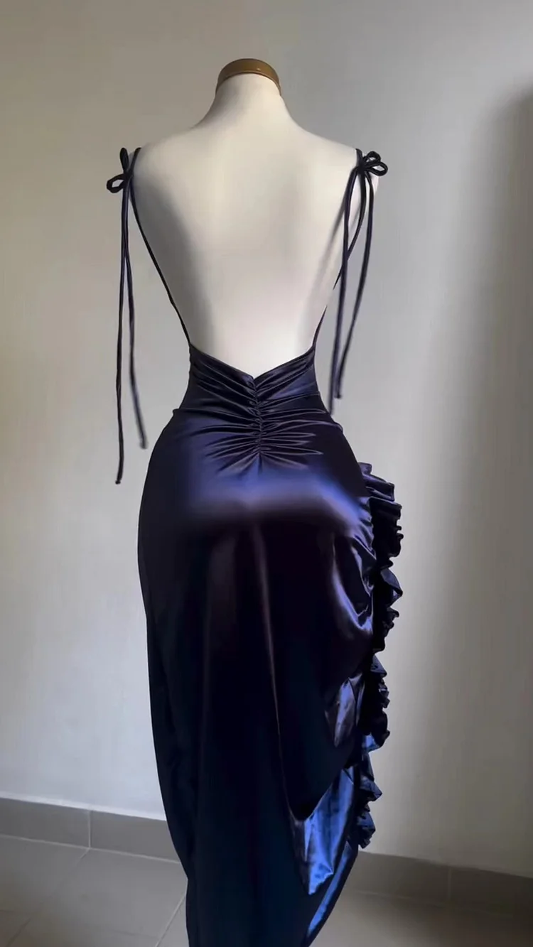 Sexy Sheath Column Spaghetti Straps Navy Blue Backless Satin Prom Dress