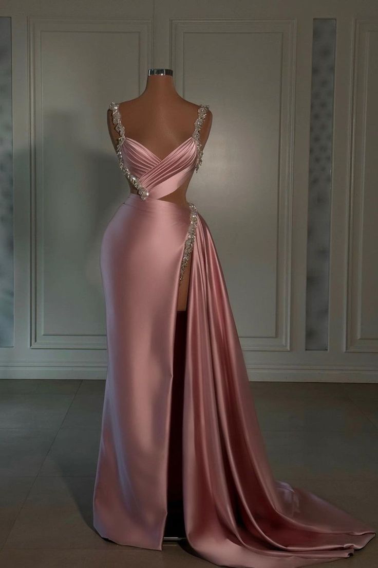 Sexy Pink Prom Dresses Sweetheart Spaghetti Strap with High Slit Train