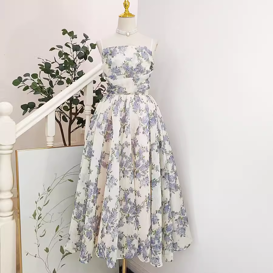 Cute A line Spaghetti Straps Lilac Floral Travel Vacation Women Dress Tea Length Birthday Outfits