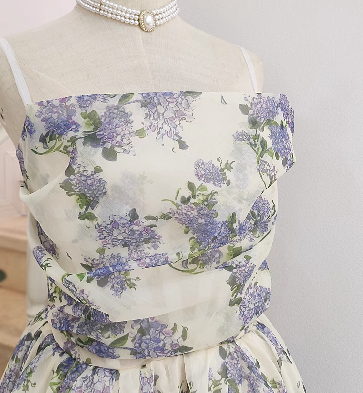 Cute A line Spaghetti Straps Lilac Floral Travel Vacation Women Dress Tea Length Birthday Outfits