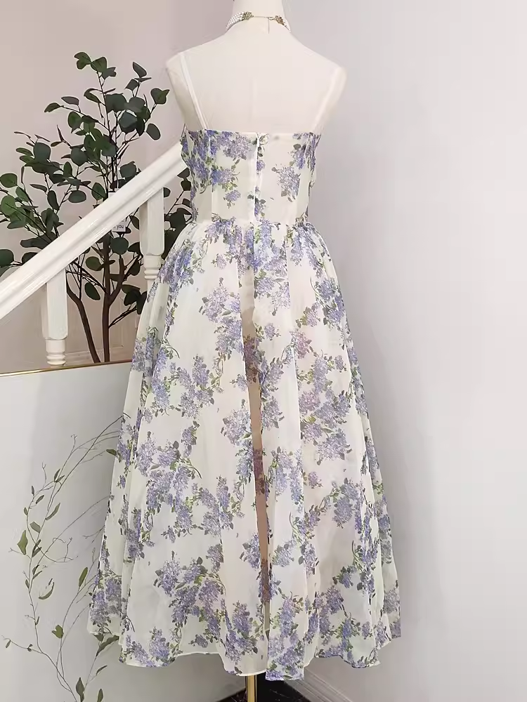 Cute A line Spaghetti Straps Lilac Floral Travel Vacation Women Dress Tea Length Birthday Outfits