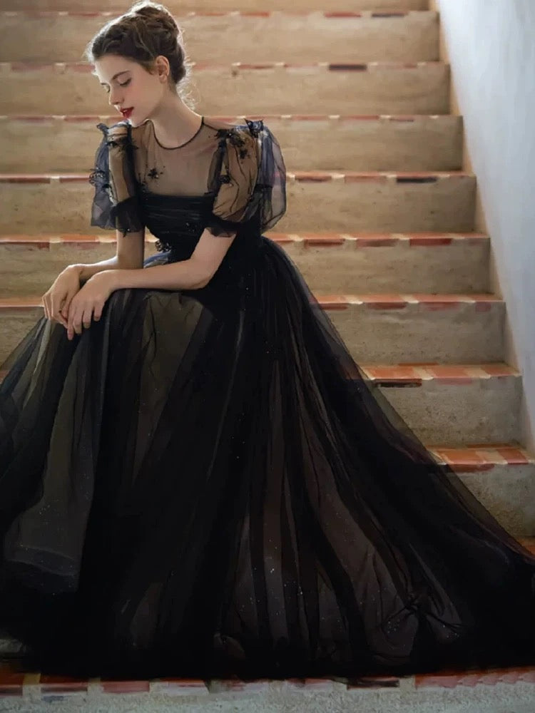A-Line Puff Sleeves Tulle Long Prom Dress Black Formal Evening Dress