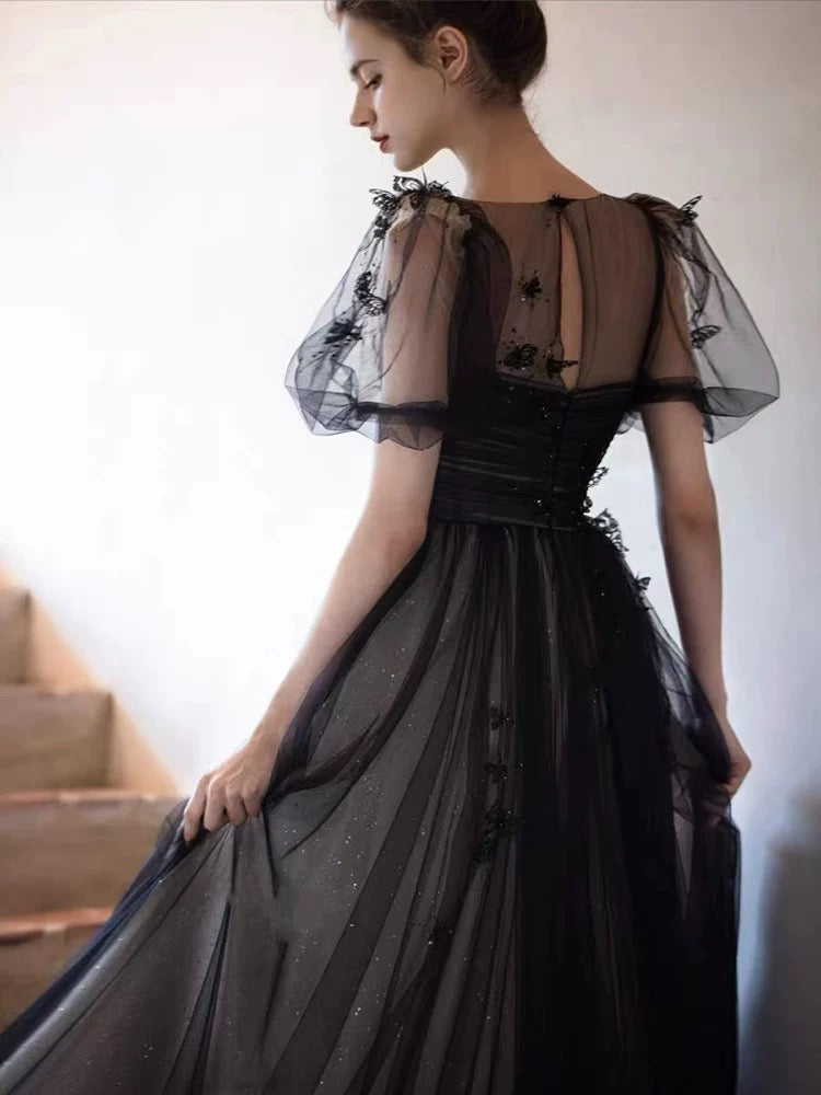 A-Line Puff Sleeves Tulle Long Prom Dress Black Formal Evening Dress