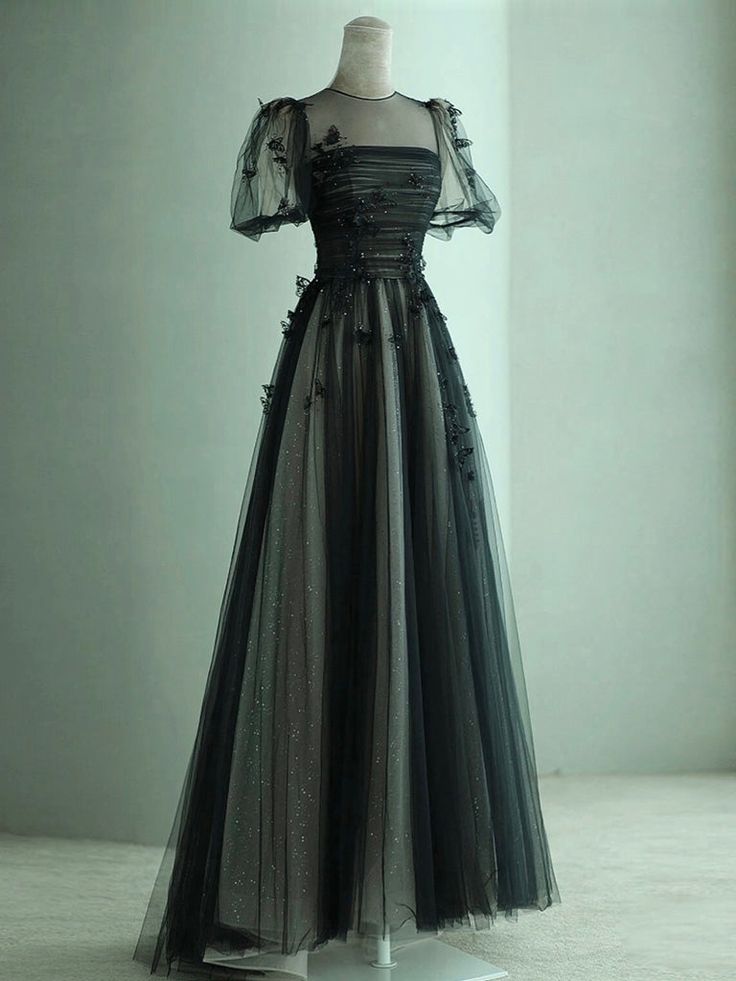 A-Line Puff Sleeves Tulle Long Prom Dress Black Formal Evening Dress
