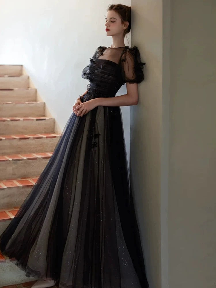 A-Line Puff Sleeves Tulle Long Prom Dress Black Formal Evening Dress