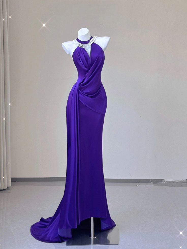 Vintage Sheath Halter Grape Satin Long Prom Dresses Evening Gown Formal Party Dress With Ruffles