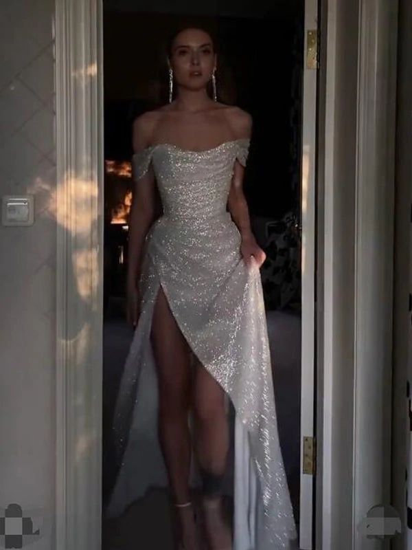 Sparkly Ivory Mermaid Off Shoulder High Slit Cheap Long Prom Dresses