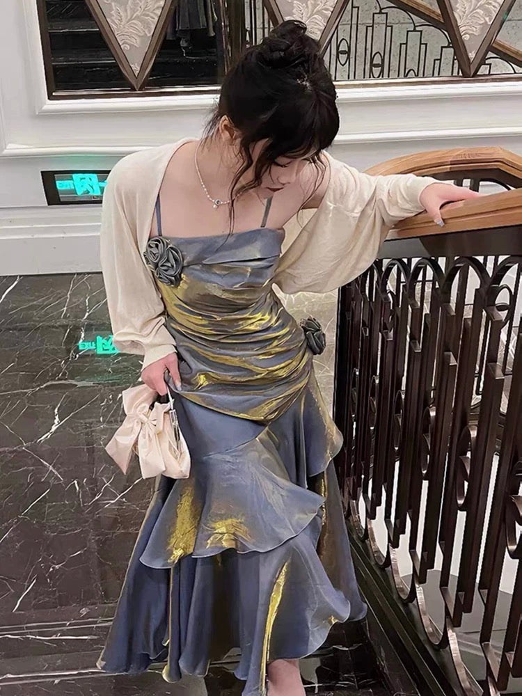 Mermaid Spaghetti Straps Prom Dresses Gray Blue Party Dress