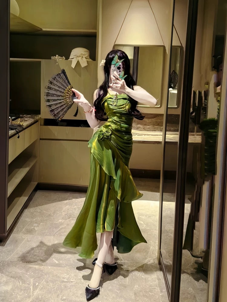Retro Mermaid Spaghetti Straps Satin Long Party Dress Green Prom Dresses