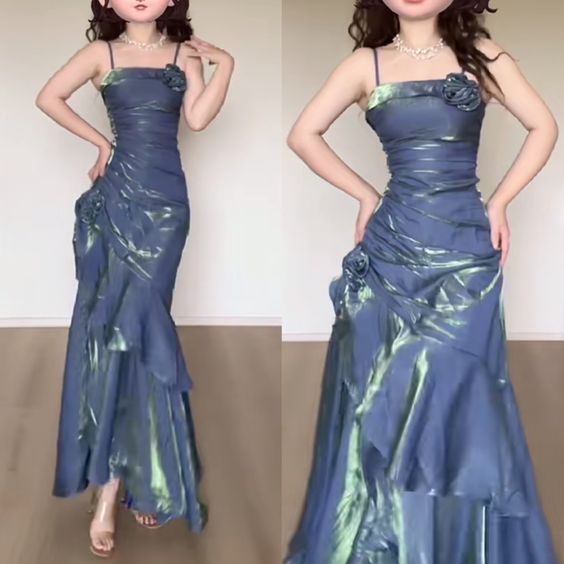 Mermaid Spaghetti Straps Prom Dresses Gray Blue Party Dress