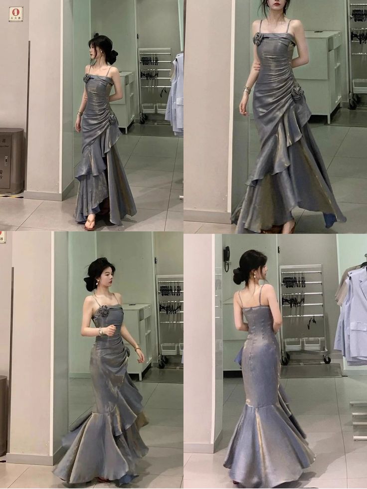 Retro Mermaid Spaghetti Straps Prom Dresses Gray Long Party Dress