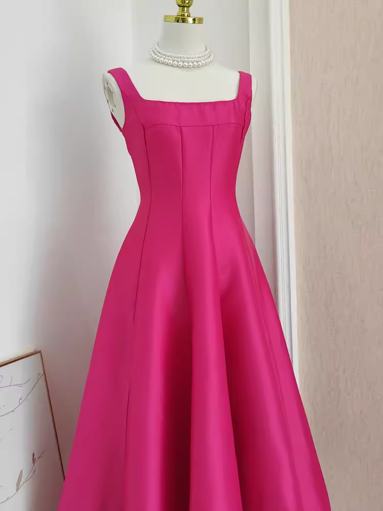 Cute A line Straps Hot Pink Vacation Dress Satin Women Summer Dresses