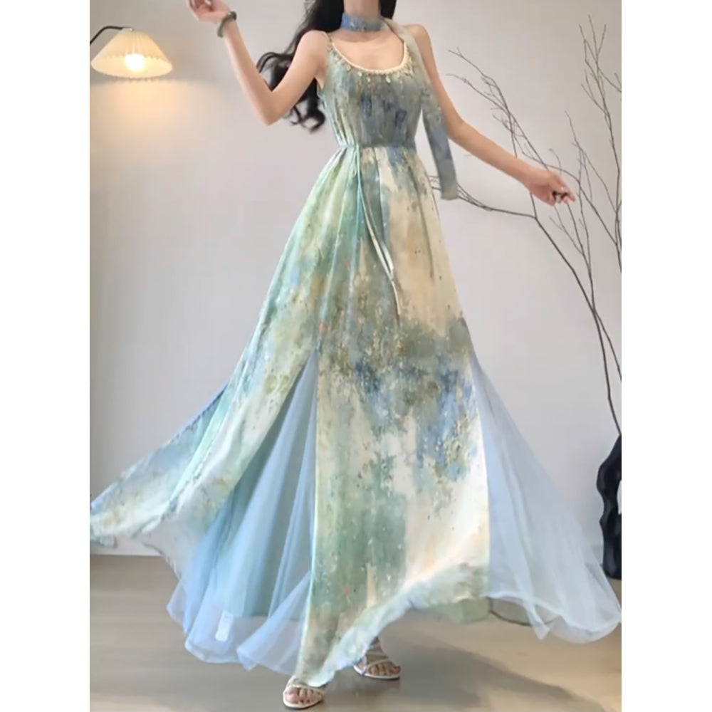 Vintage A line Spaghetti Straps Green Floral Holiday Dress Birthday Dresses Birthday Outfits