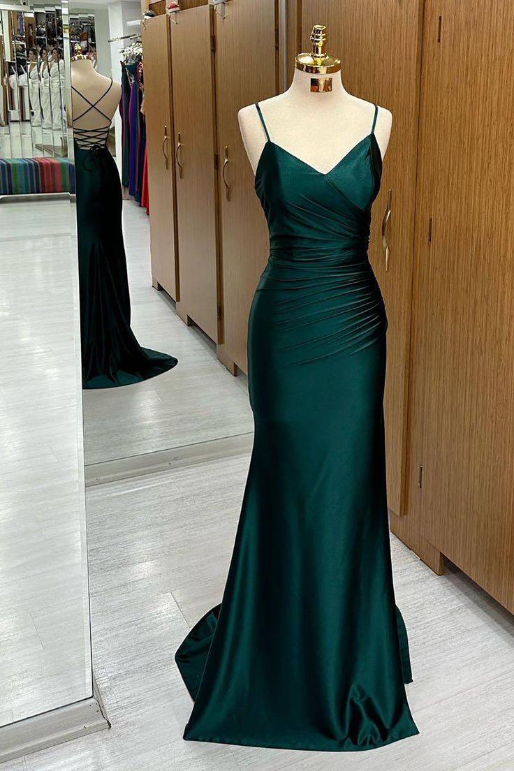 Simple Dark Green Mermaid Satin Long Prom Dresses