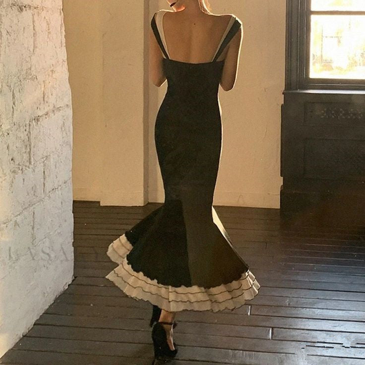 Elegant Mermaid Straps Chiffon Black Prom Dresses
