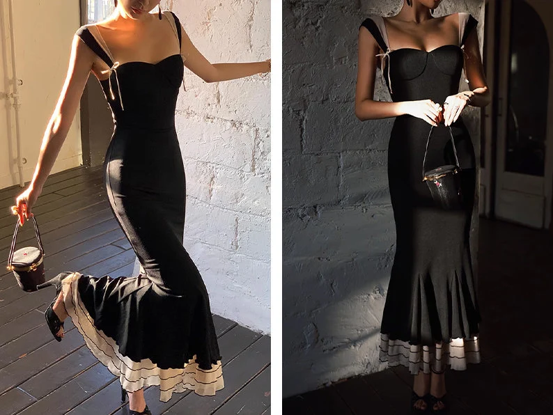 Elegant Mermaid Straps Chiffon Black Prom Dresses