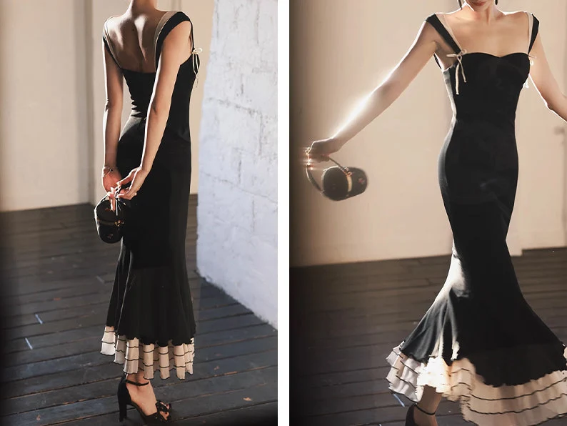 Elegant Mermaid Straps Chiffon Black Prom Dresses