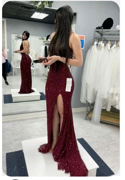 Sexy Mermaid Spaghetti Straps Burgundy Sequin Prom Dresses Party Dress