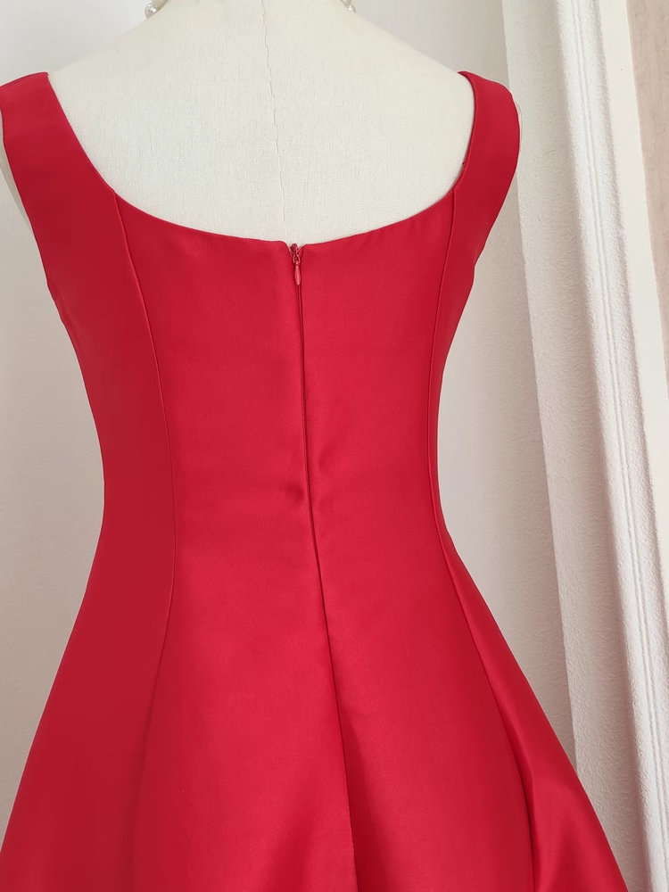Cute A line Straps Red Vacation Dress Satin Women Summer Dresses
