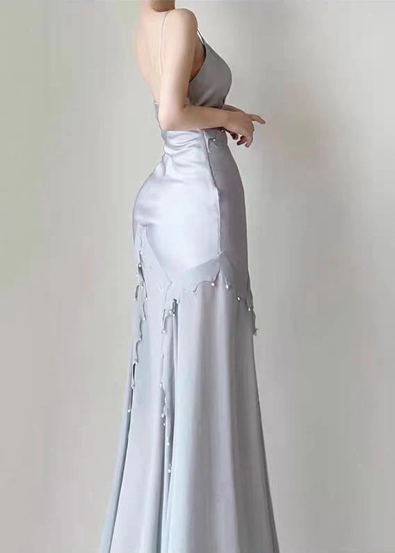 Retro Mermaid Straps Satin Blue Long Prom Dresses Party Dress
