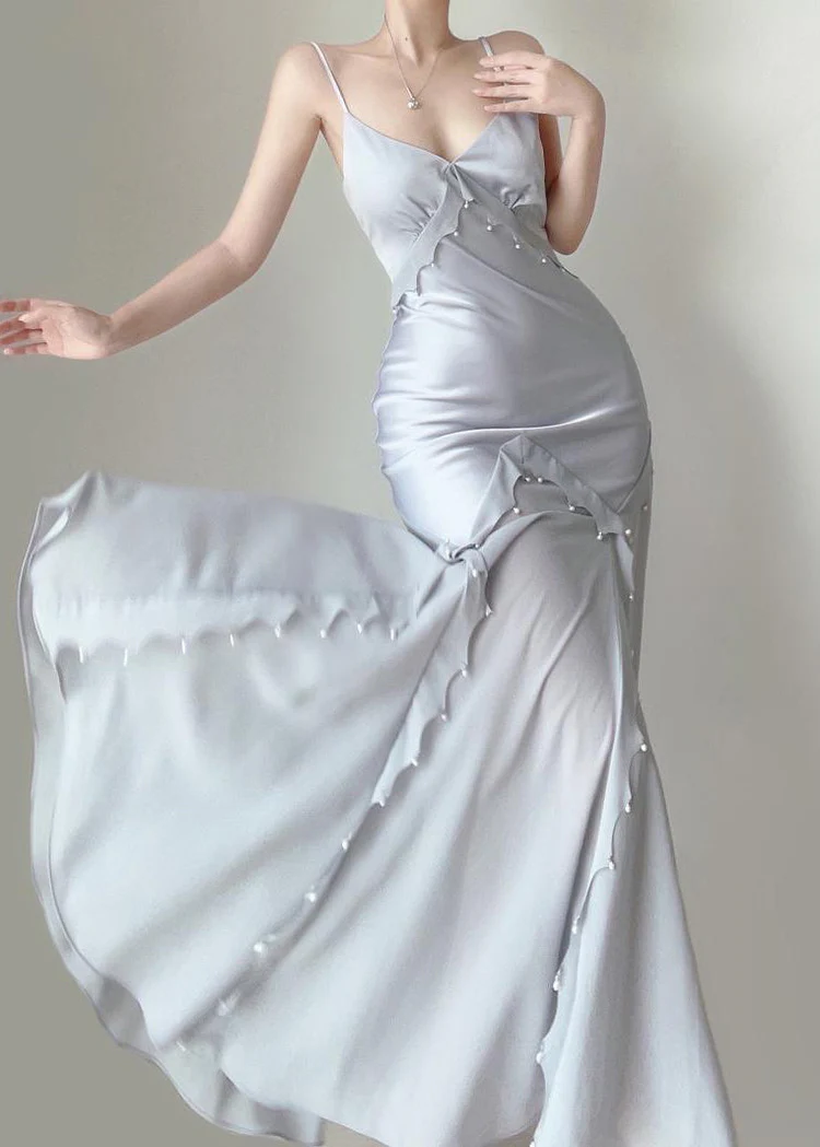 Retro Mermaid Straps Satin Blue Long Prom Dresses Party Dress