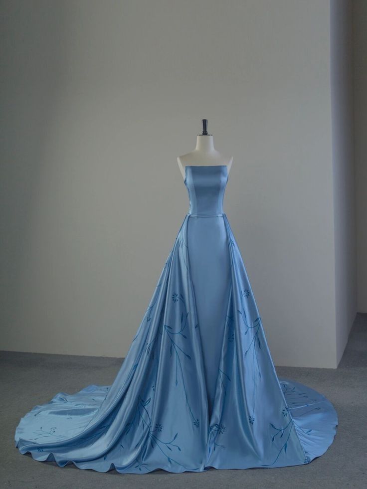 Classy A Line Strapless Blue Satin Long Prom Dresses Party Dress