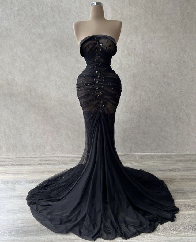 Classy Mermaid Strapless Black Chiffon Long Prom Dresses Party Dress