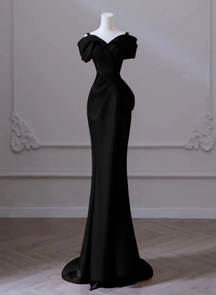 Classy Mermaid Spaghetti Straps Black Satin Long Prom Dresses Party Dress