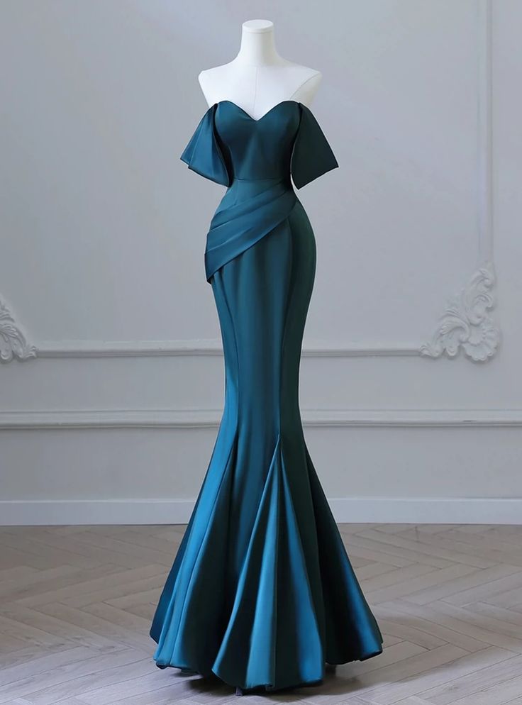 Sexy Mermaid Off The Shoulder Satin Teal Prom Dresses Long Party Dress