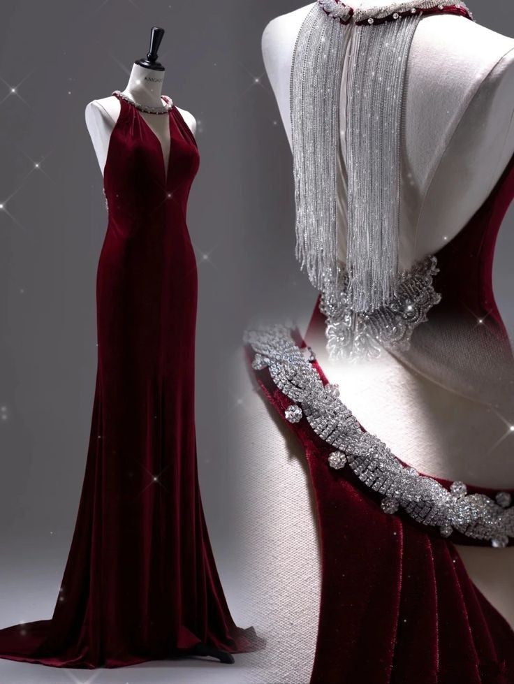 Pretty Mermaid Scoop Neckline Burgundy Velvet Long Prom Dresses Party Dress
