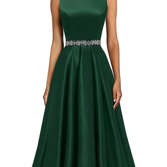 Sexy A Line Scoop Neckline Satin Green Long Prom Dresses Party Dress