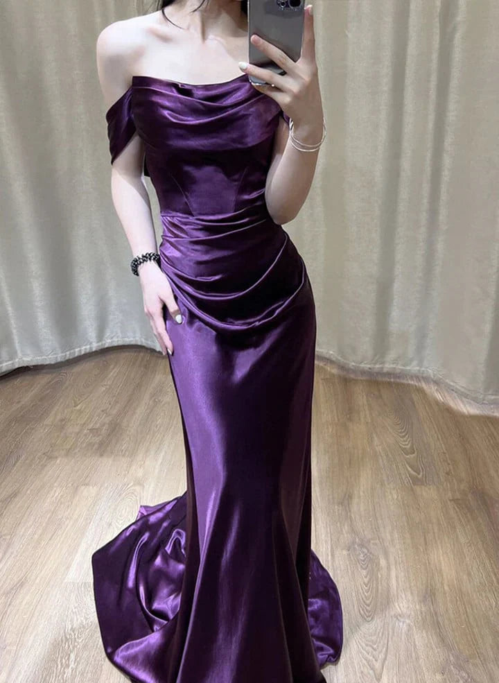 Purple Satin Off Shoulder Long Evening Dress Purple Satin Prom Dress