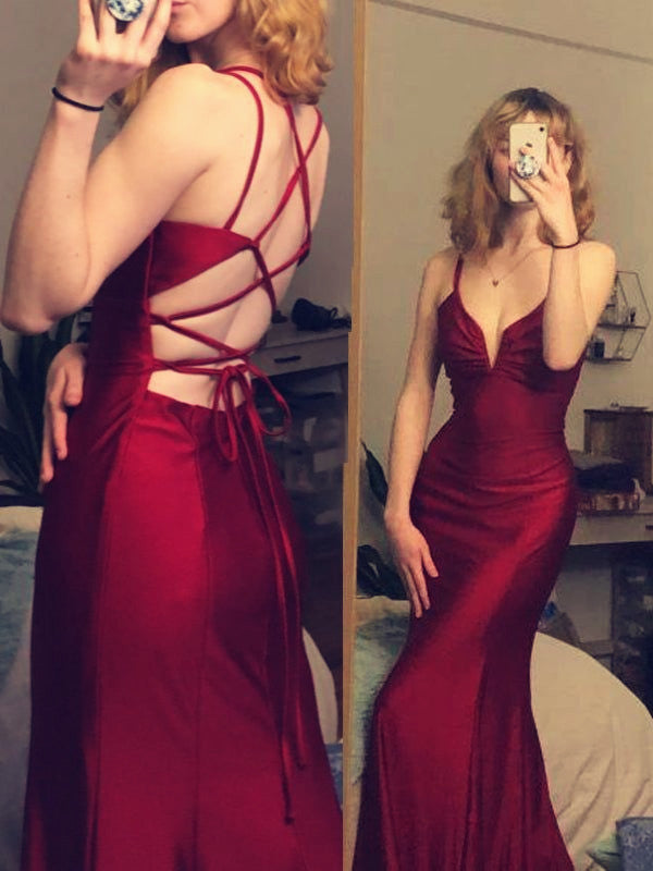 Pretty Spaghetti Straps Mermaid Burgundy Backless Satin Long Prom Dresses