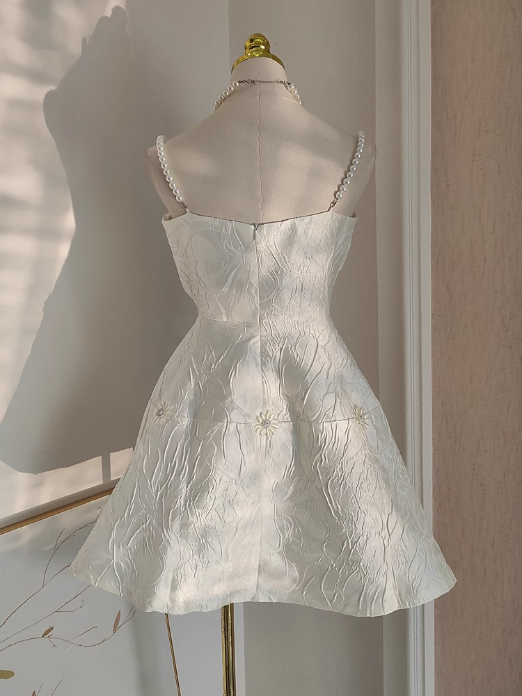 Cute A line Spaghetti Straps White Pearls Women Dress Short Birthday Outfits