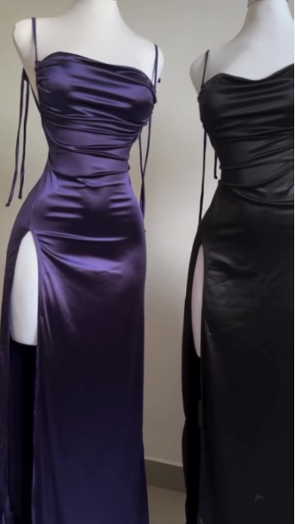 Pretty Sheath Spaghetti Straps Floor Length Ruffles Grape Slit Prom Dresses