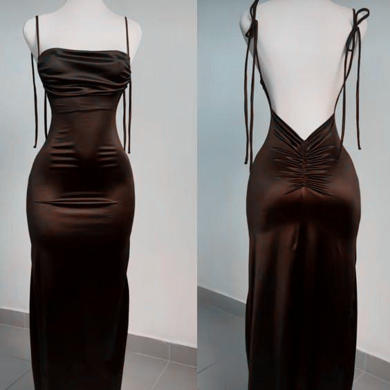 Pretty Sheath Spaghetti Straps Floor Length Ruffles Brown Slit Prom Dresses