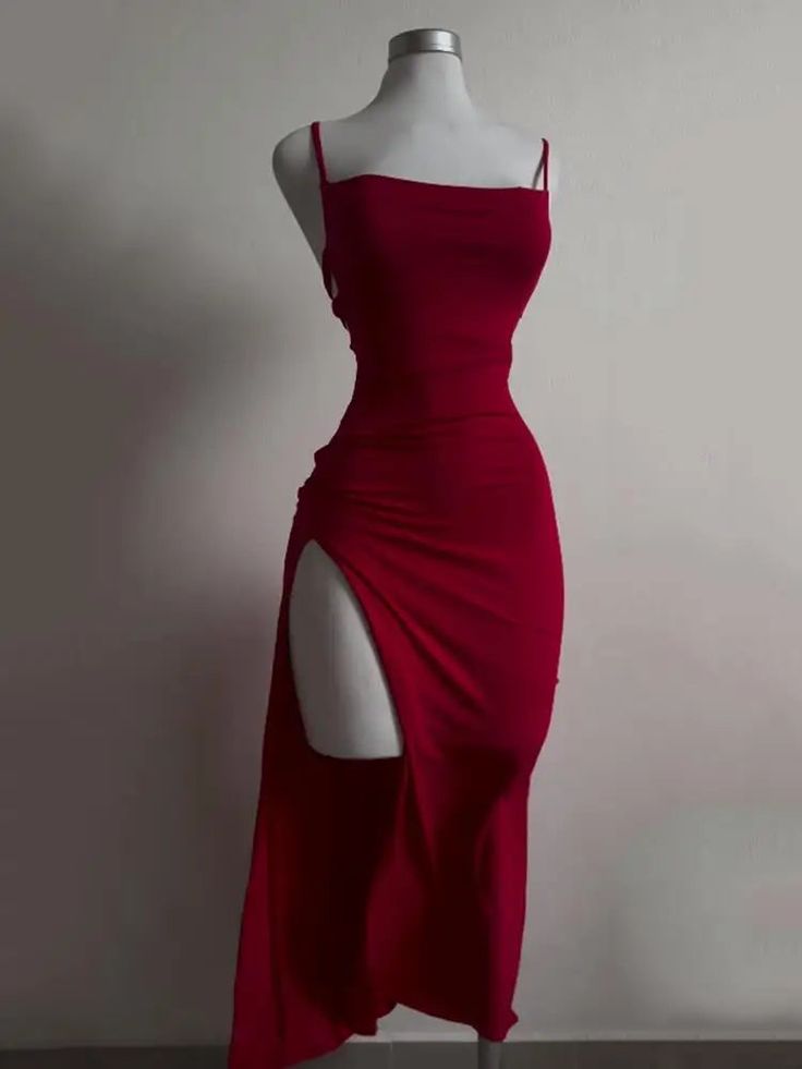 Pretty Sheath Spaghetti Straps Tea Length Backless Red Prom Dresses
