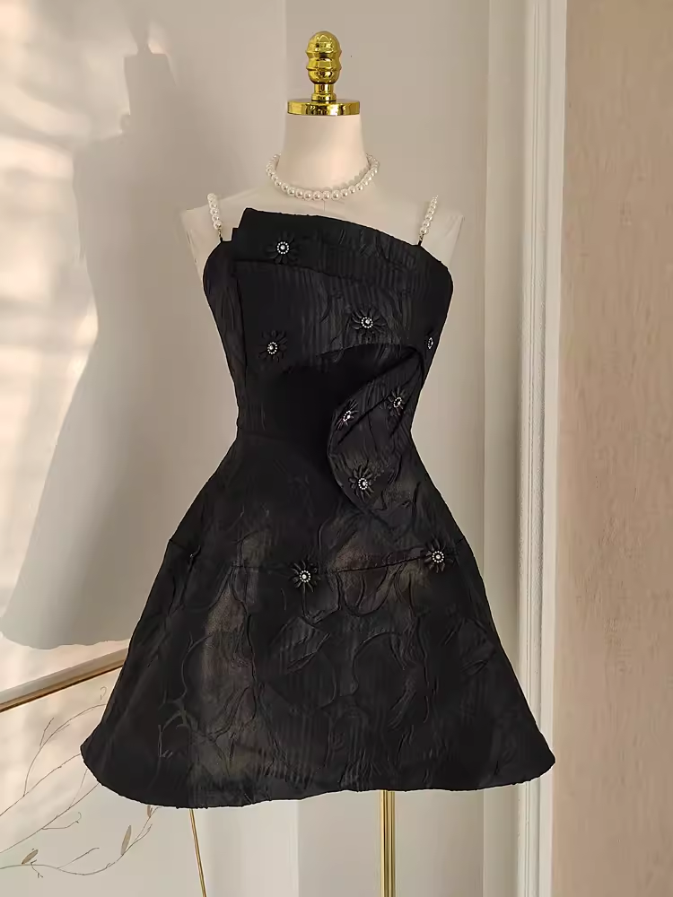 Cute A line Spaghetti Straps Black Pearls Women Dress Short Birthday Outfits