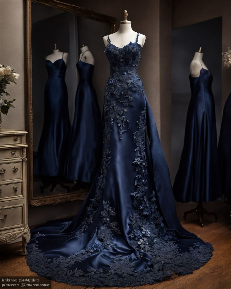 Vintage Mermaid Spaghetti Straps Navy Blue Satin Long Prom Dresses Party Dress