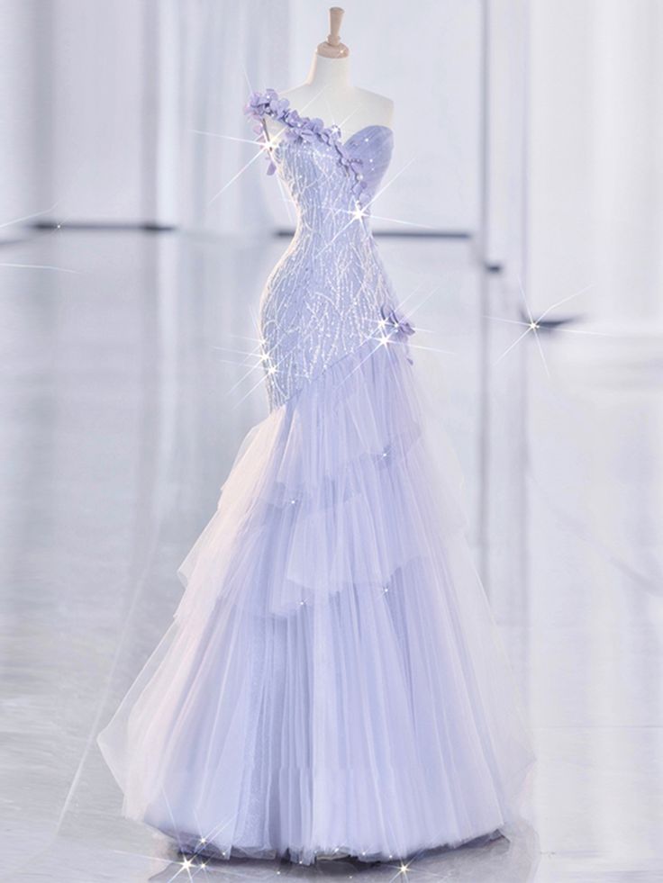 Vintage Mermaid One Shoulder Lilac Tulle Satin Long Prom Dresses Party Dress