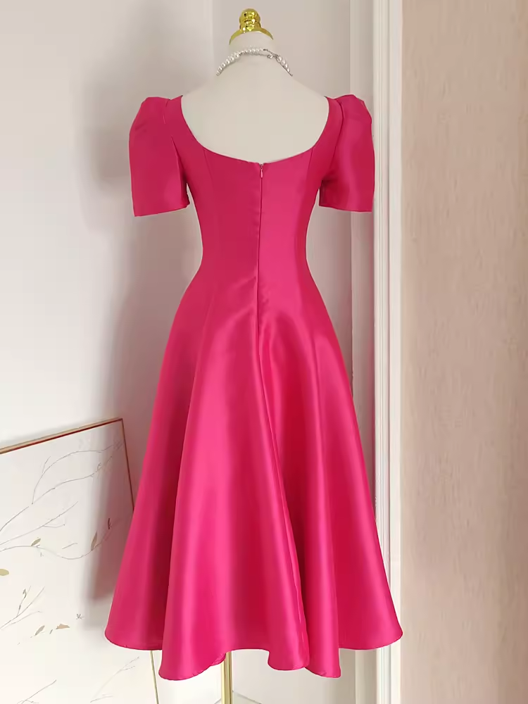 Cute A line Square Neckline Hot Pink Vacation Dress Satin Women Dresses