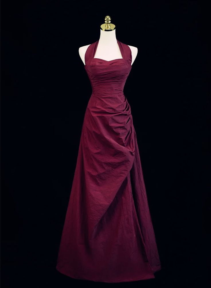 Burgundy A-line Halter Vintage Style Prom Dresses Long Evening Dress