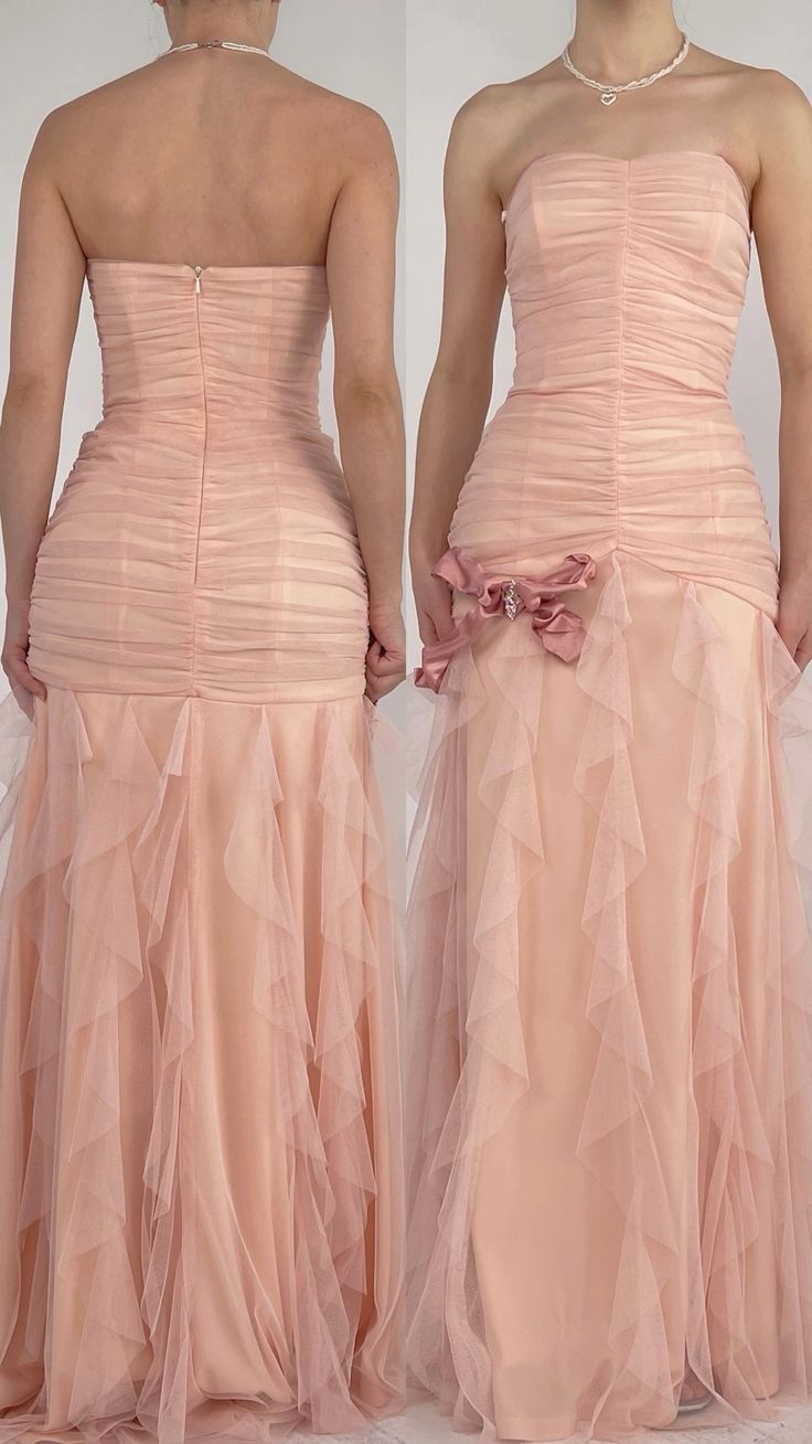 Pretty Sheath Strapless Pink Floor Length Backless Tulle Prom Dresses