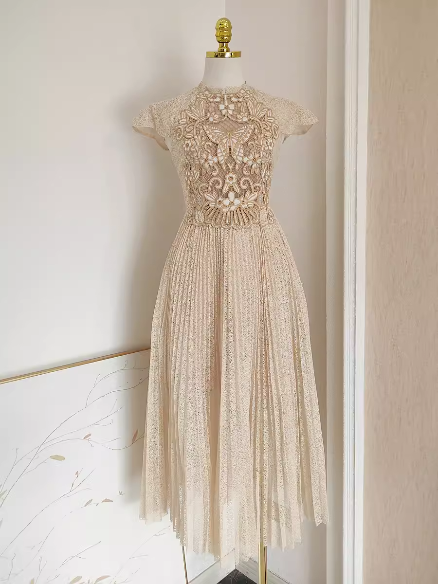 Chic A line High Neckline Lace Vacation Dress Tulle Women Dresses